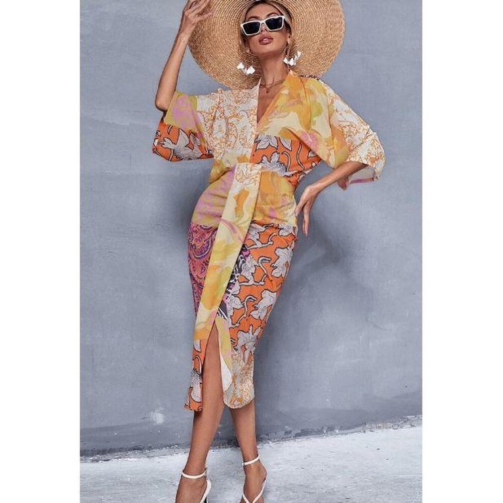Floral & Paisley Print V Neck Batwing Sleeve Women's Dress